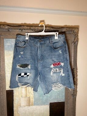 Distressed Patchwork Denim Shorts - Blue